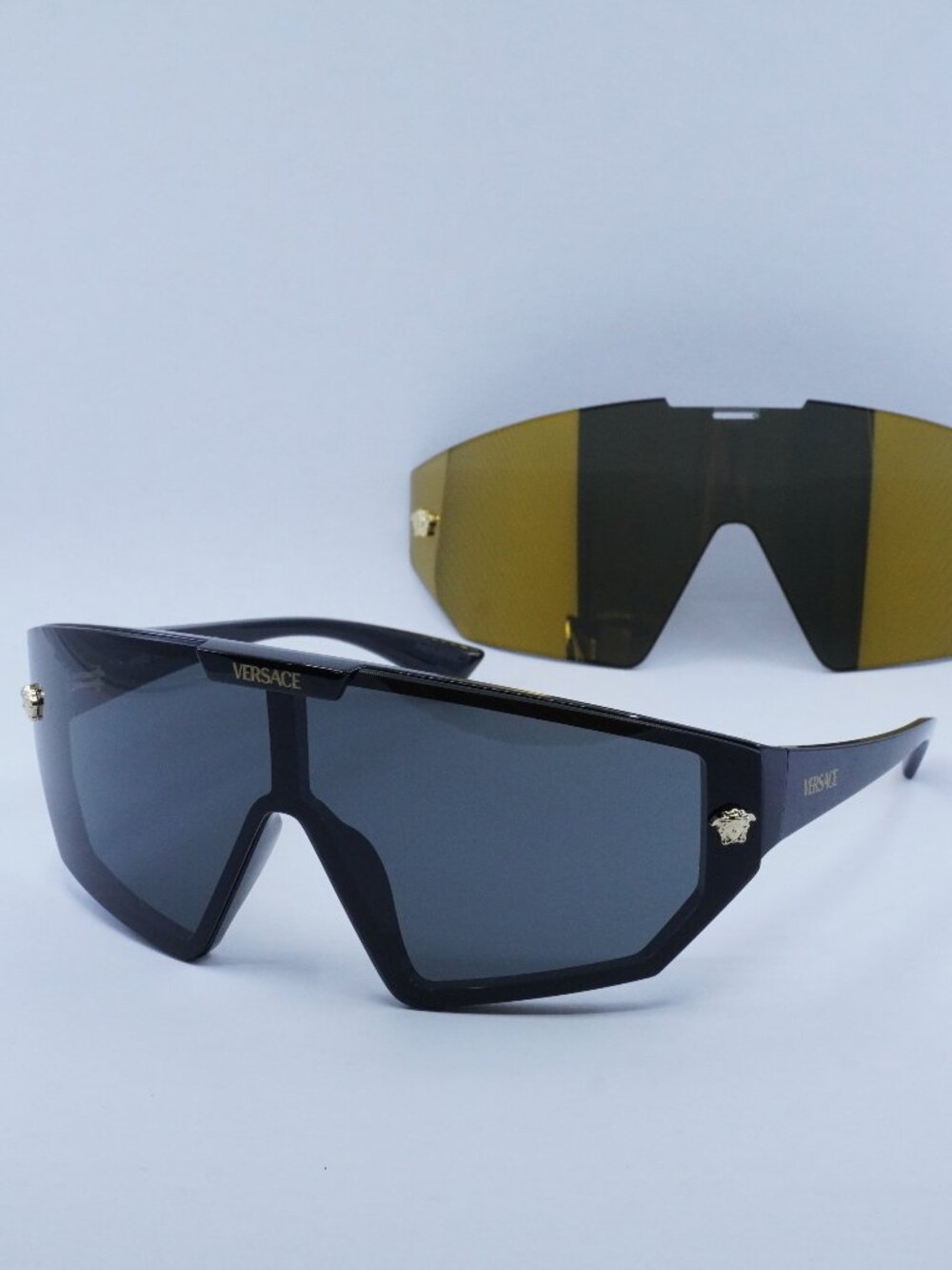 Versace VE4461 GB1/87 Sunglasses Black Shield Frame, Grey with Gold Clip-On Lens